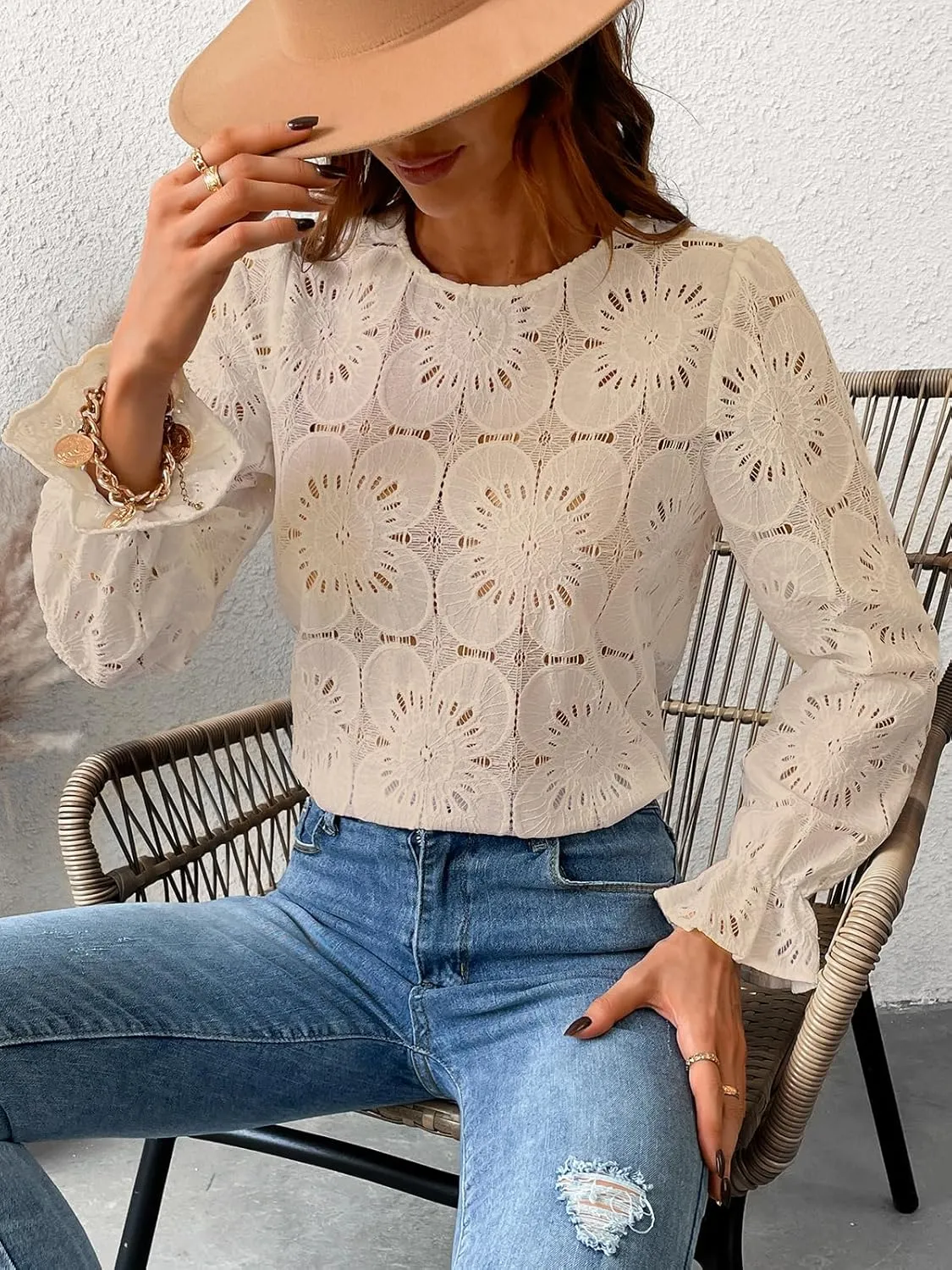 CUPSHE Women Eyelet Long Sleeve Tops Shirts Dressy Hollow Out Crochet Lace Embroidered Blouses 2025 Fashion