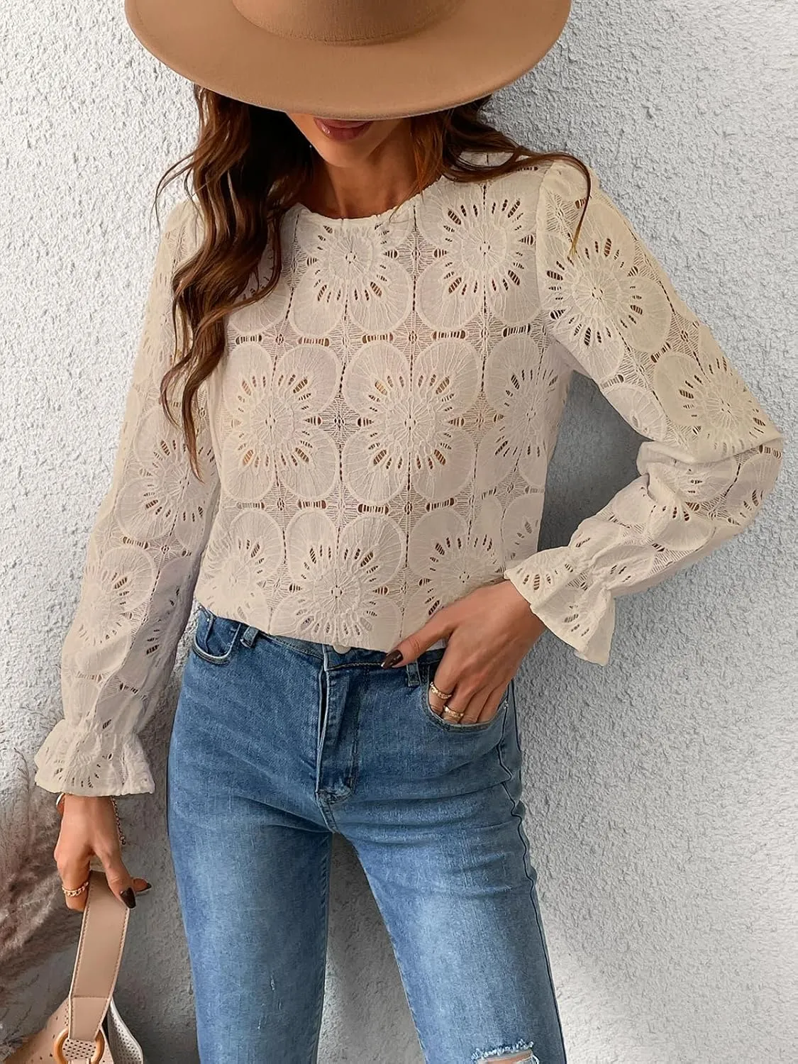 CUPSHE Women Eyelet Long Sleeve Tops Shirts Dressy Hollow Out Crochet Lace Embroidered Blouses 2025 Fashion