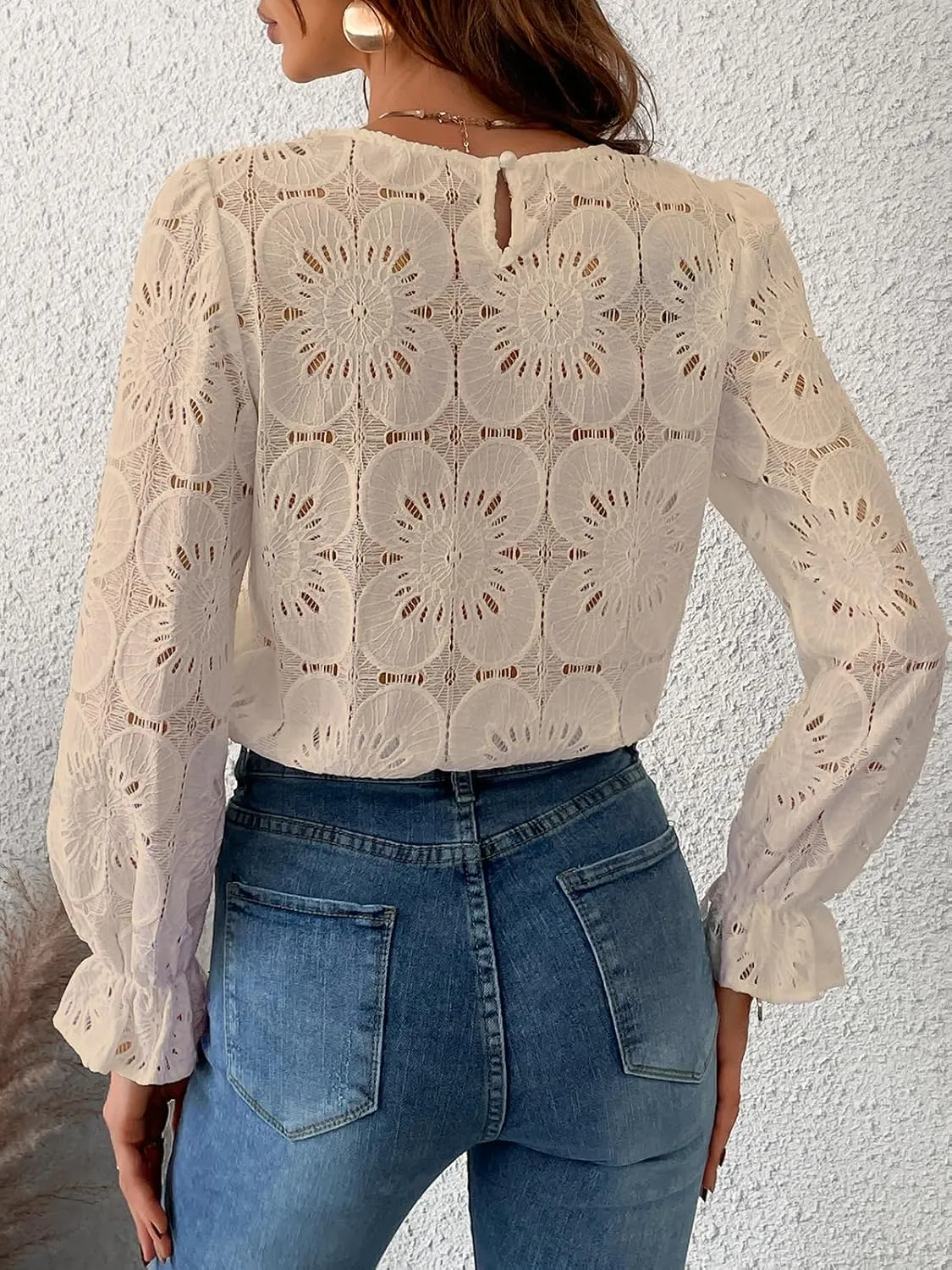CUPSHE Women Eyelet Long Sleeve Tops Shirts Dressy Hollow Out Crochet Lace Embroidered Blouses 2025 Fashion