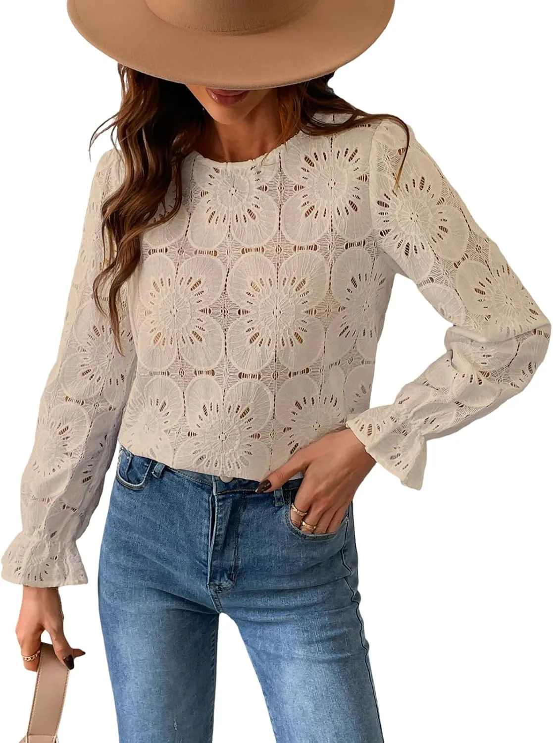 CUPSHE Women Eyelet Long Sleeve Tops Shirts Dressy Hollow Out Crochet Lace Embroidered Blouses 2025 Fashion