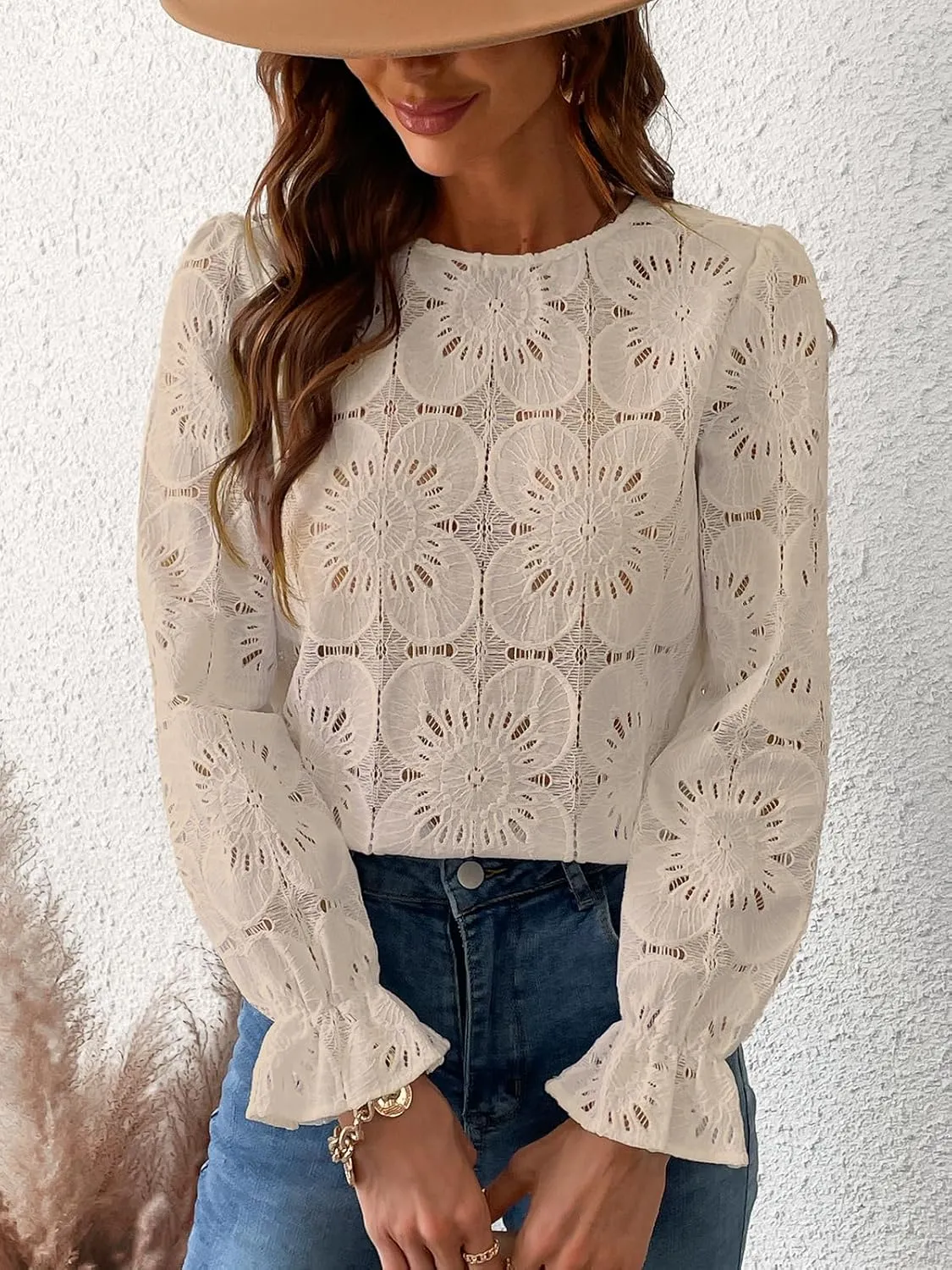 CUPSHE Women Eyelet Long Sleeve Tops Shirts Dressy Hollow Out Crochet Lace Embroidered Blouses 2025 Fashion