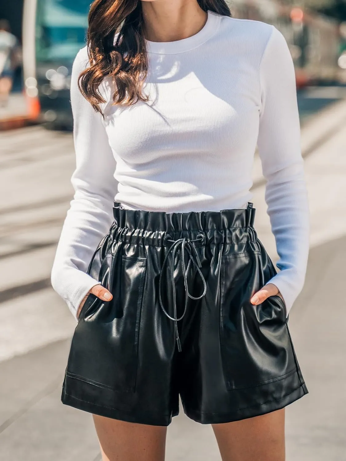 CUPSHE Women Pants Faux Leather Paperbag Waist Shorts Wide Leg Pant Casual