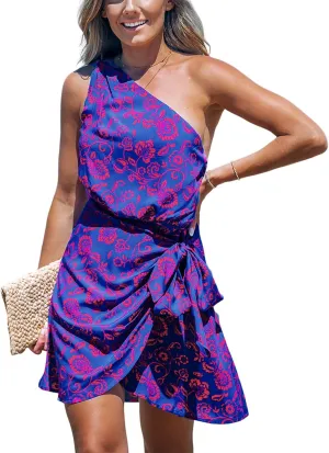 CUPSHE Women's One Shoulder Leaf Print Self-tie Short Dress Sleeveless Tiered Hem Formal Dress Casual Mini Dress