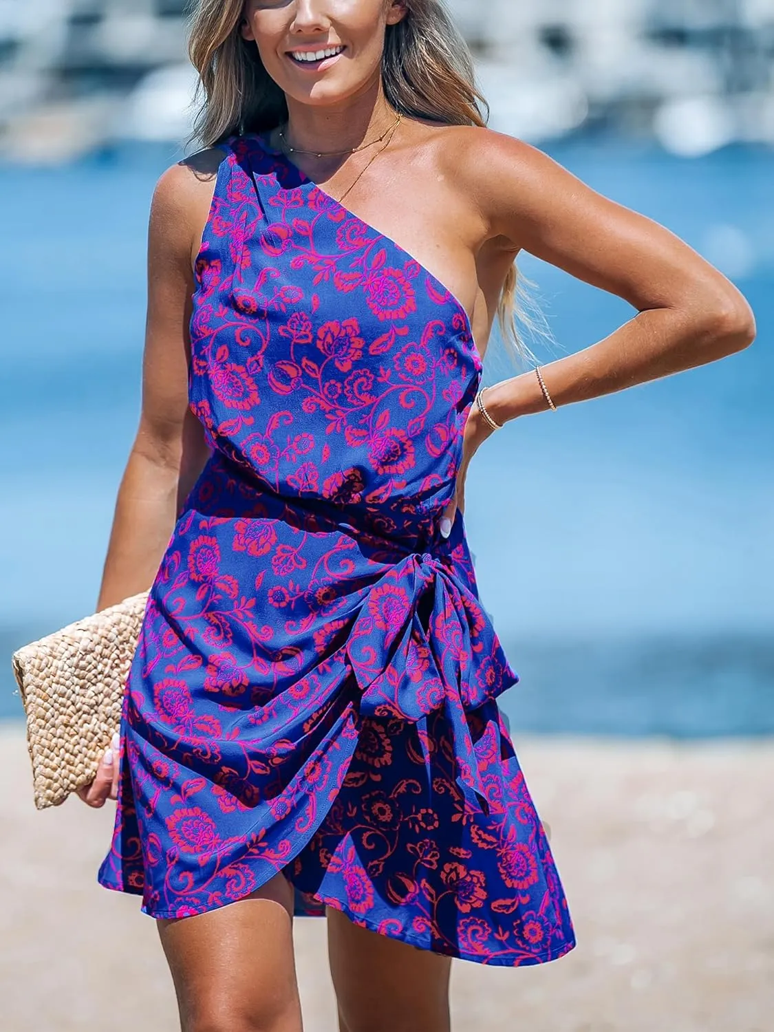 CUPSHE Women's One Shoulder Leaf Print Self-tie Short Dress Sleeveless Tiered Hem Formal Dress Casual Mini Dress