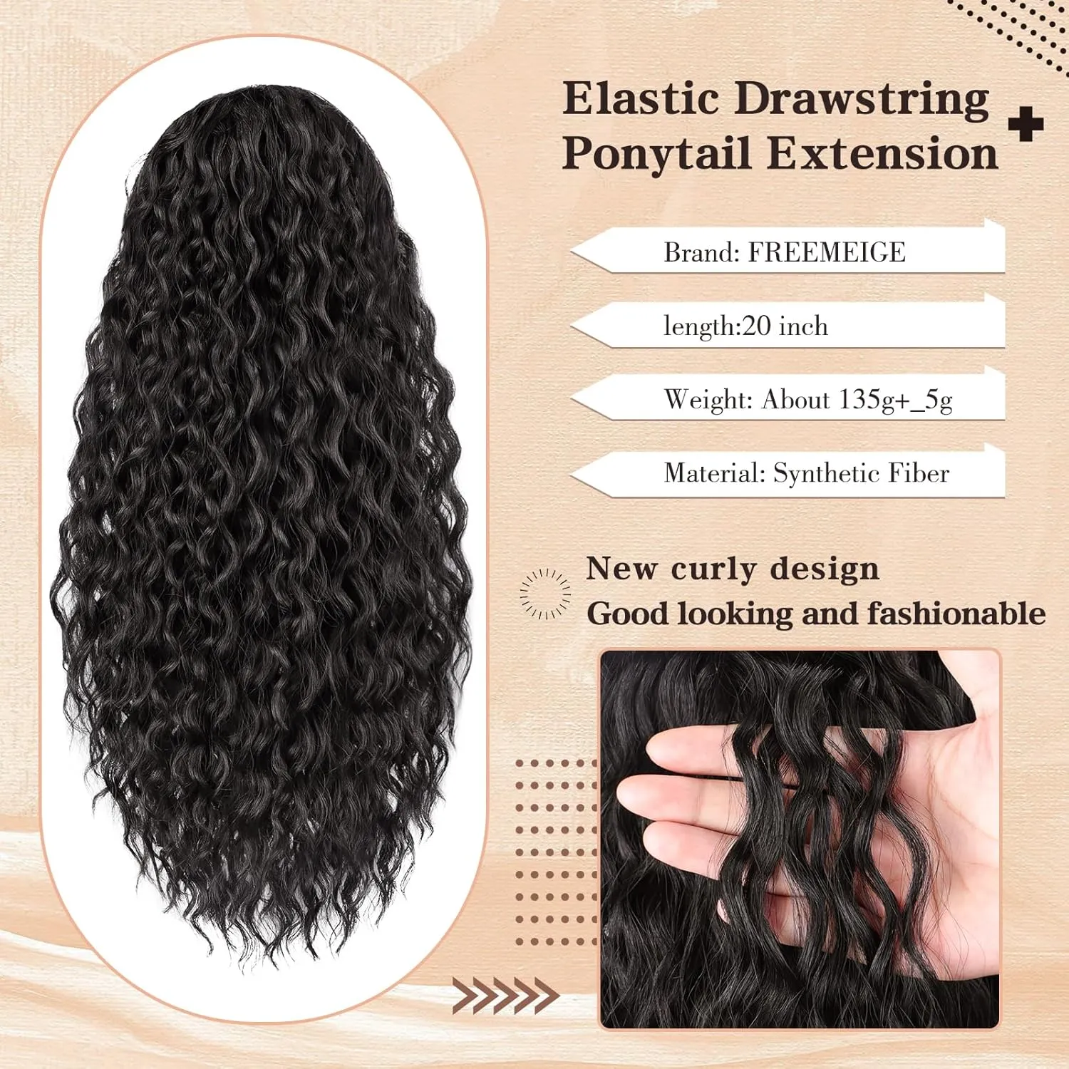 Curly Ponytail Extension Drawstring Ponytail 20 Inch Long Wavy Curly Clip in Ponytails Fake Pony Tails Hair Extensions Synthetic Curly Hair Thick Ponytail Extension Hairpiece