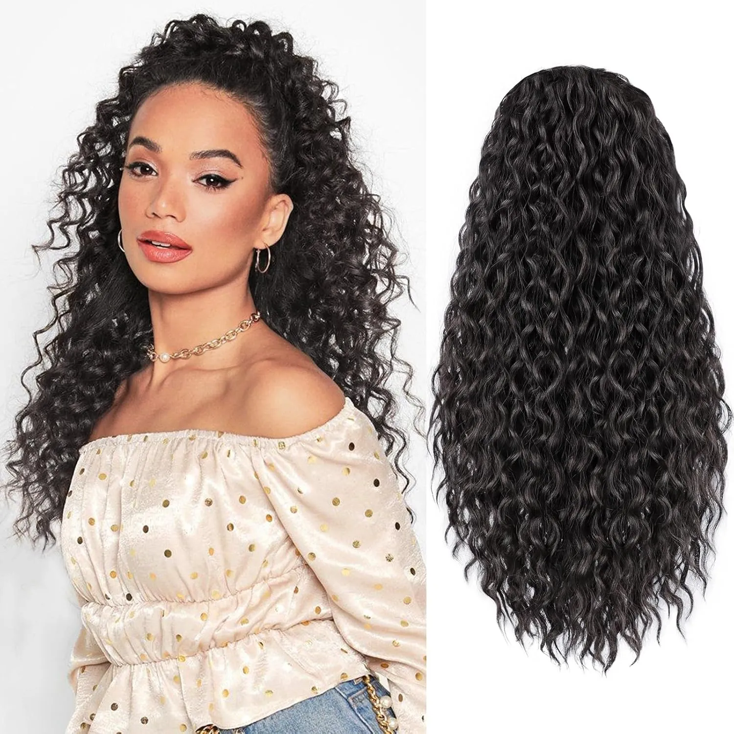 Curly Ponytail Extension Drawstring Ponytail 20 Inch Long Wavy Curly Clip in Ponytails Fake Pony Tails Hair Extensions Synthetic Curly Hair Thick Ponytail Extension Hairpiece