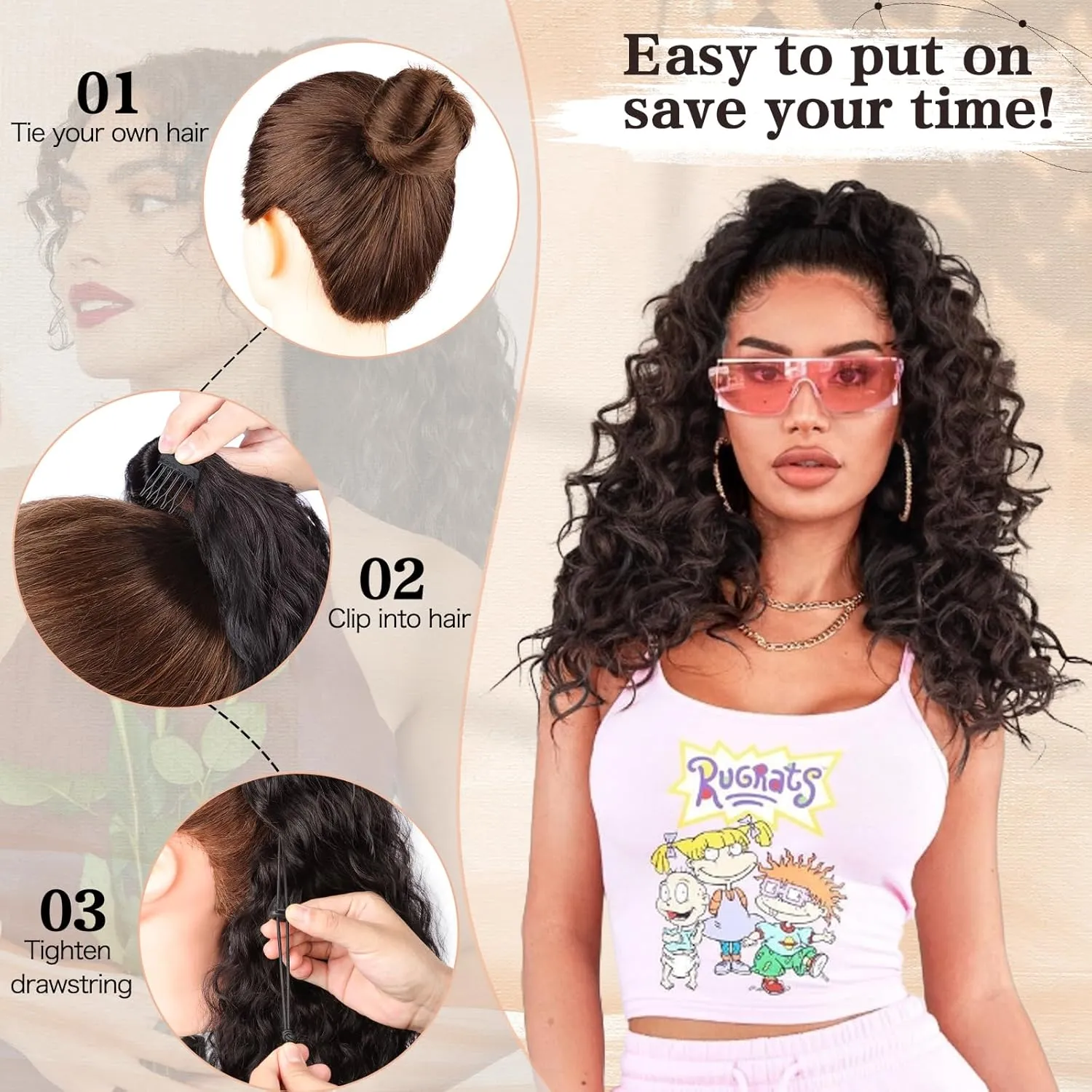 Curly Ponytail Extension Drawstring Ponytail 20 Inch Long Wavy Curly Clip in Ponytails Fake Pony Tails Hair Extensions Synthetic Curly Hair Thick Ponytail Extension Hairpiece