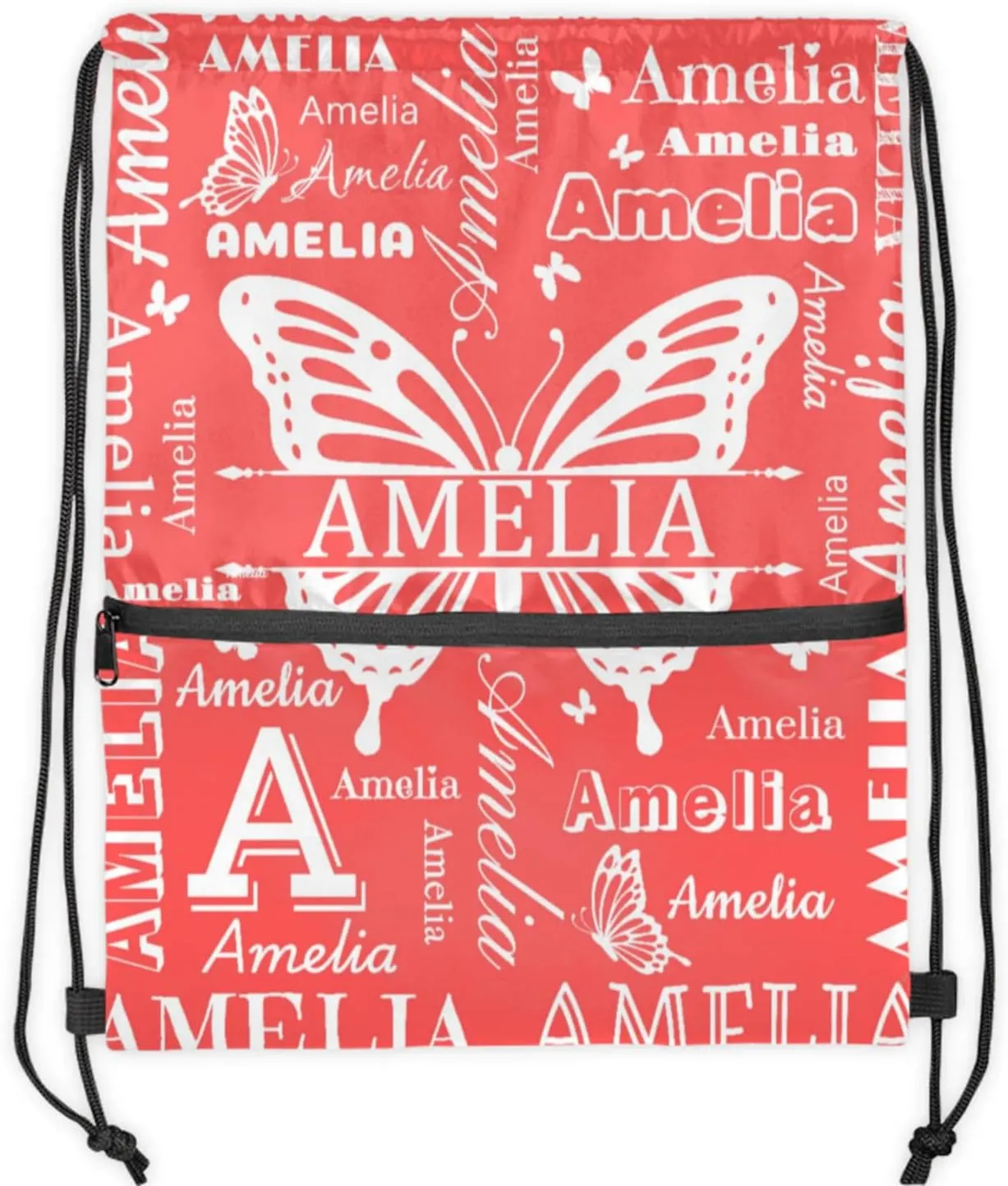 Custom Sports Drawstring Backpacks with Name Dance Gymnastics Bag, Butterfly Design Personalized Drawstring Sport Bags for Gym Beach Travel, Coral Red