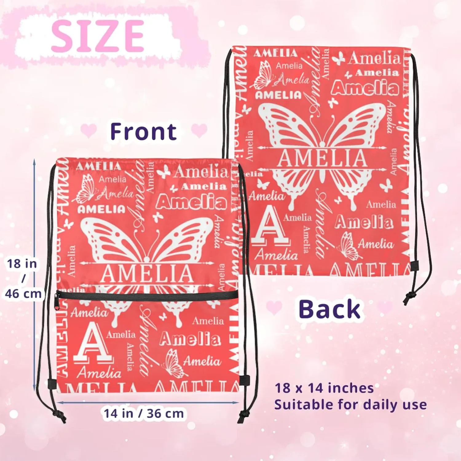 Custom Sports Drawstring Backpacks with Name Dance Gymnastics Bag, Butterfly Design Personalized Drawstring Sport Bags for Gym Beach Travel, Coral Red