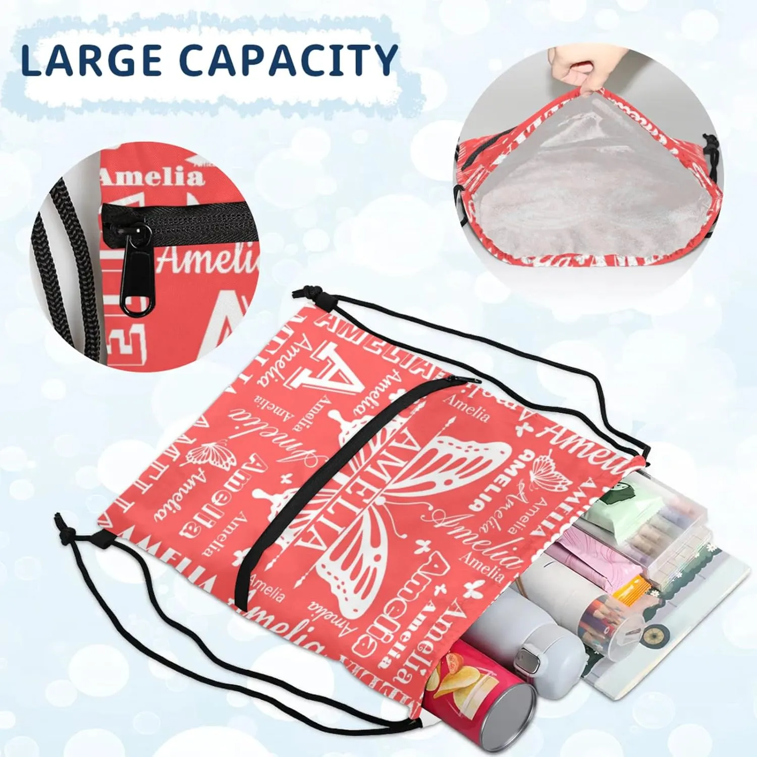 Custom Sports Drawstring Backpacks with Name Dance Gymnastics Bag, Butterfly Design Personalized Drawstring Sport Bags for Gym Beach Travel, Coral Red