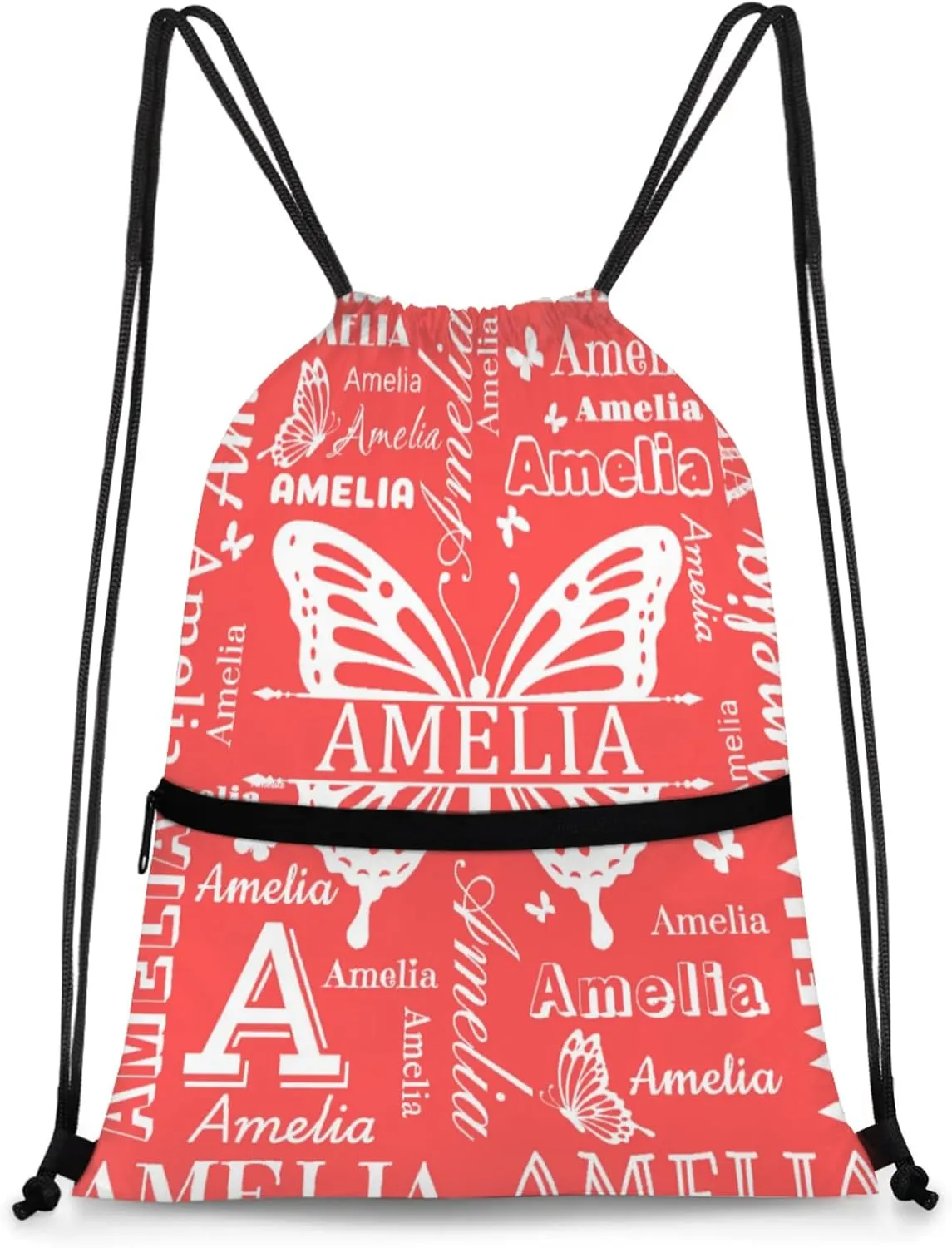 Custom Sports Drawstring Backpacks with Name Dance Gymnastics Bag, Butterfly Design Personalized Drawstring Sport Bags for Gym Beach Travel, Coral Red