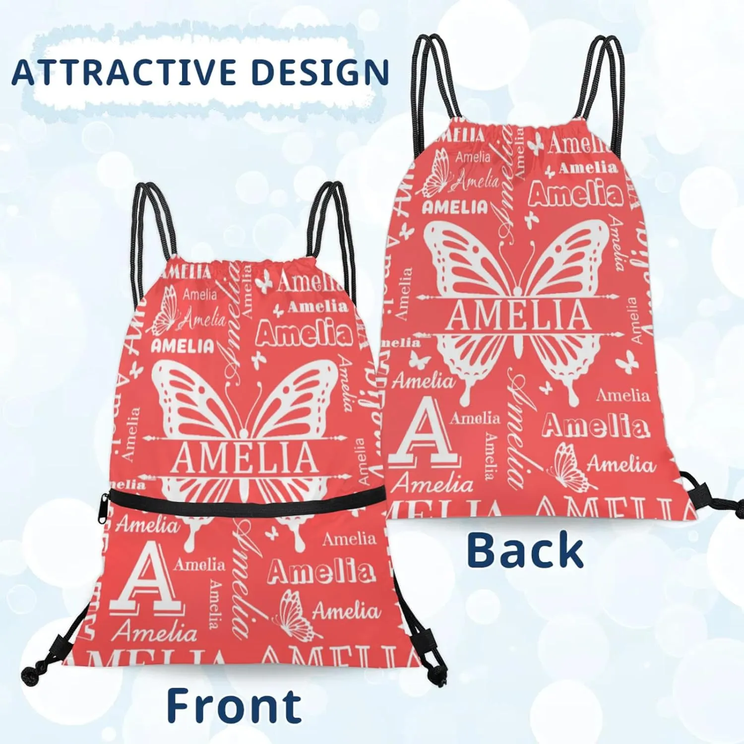 Custom Sports Drawstring Backpacks with Name Dance Gymnastics Bag, Butterfly Design Personalized Drawstring Sport Bags for Gym Beach Travel, Coral Red
