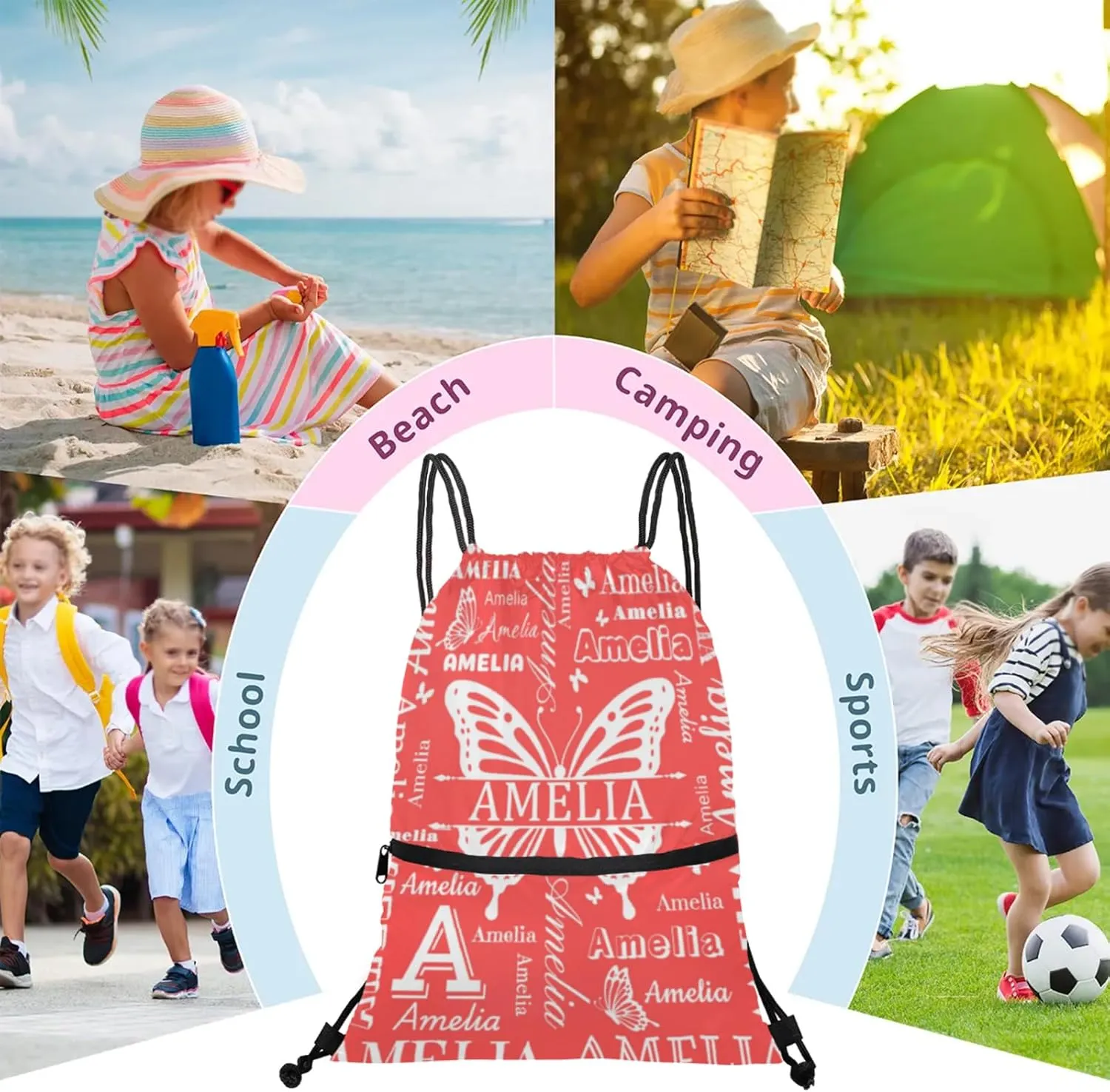 Custom Sports Drawstring Backpacks with Name Dance Gymnastics Bag, Butterfly Design Personalized Drawstring Sport Bags for Gym Beach Travel, Coral Red
