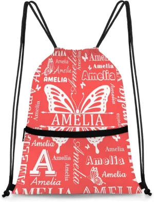 Custom Sports Drawstring Backpacks with Name Dance Gymnastics Bag, Butterfly Design Personalized Drawstring Sport Bags for Gym Beach Travel, Coral Red