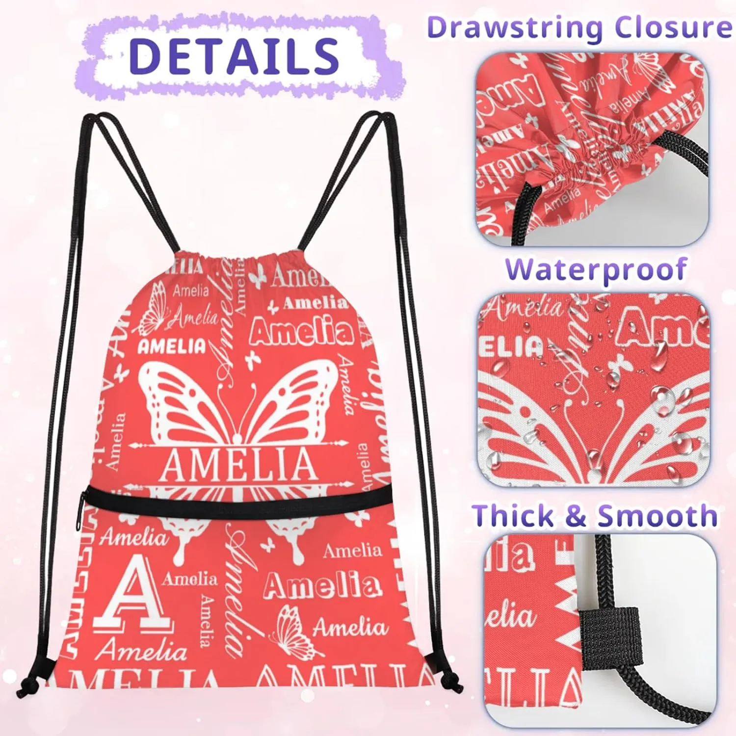 Custom Sports Drawstring Backpacks with Name Dance Gymnastics Bag, Butterfly Design Personalized Drawstring Sport Bags for Gym Beach Travel, Coral Red