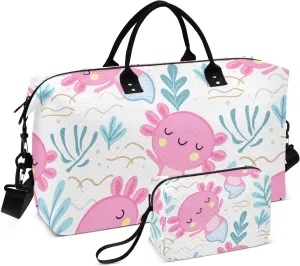 Cute Axolotl Seaweed White Sports Gym Bag for Women Men Travel Duffel Bag Weekend Overnight Carry on Bag with Toiletry Bag for Plane Swimming Yoga