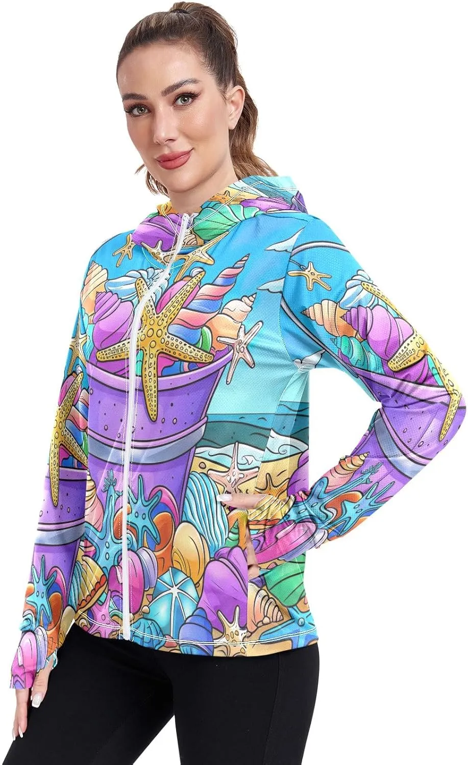 Cute Smiling Starfish Upf Shirt Women, Upf 50  Women's Hiking Clothing, Womens Athletic Long Sleeve Shirts S-XXL