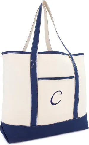 DALIX Personalized Tote Bag For Women Monogram Initial Open Top Navy Blue A-Z