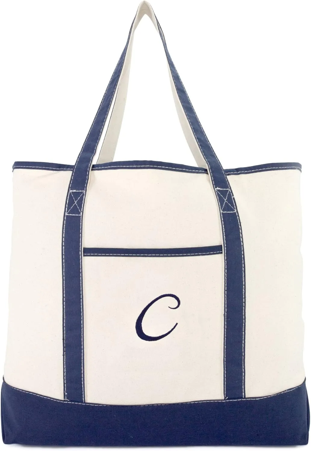 DALIX Personalized Tote Bag For Women Monogram Initial Open Top Navy Blue A-Z