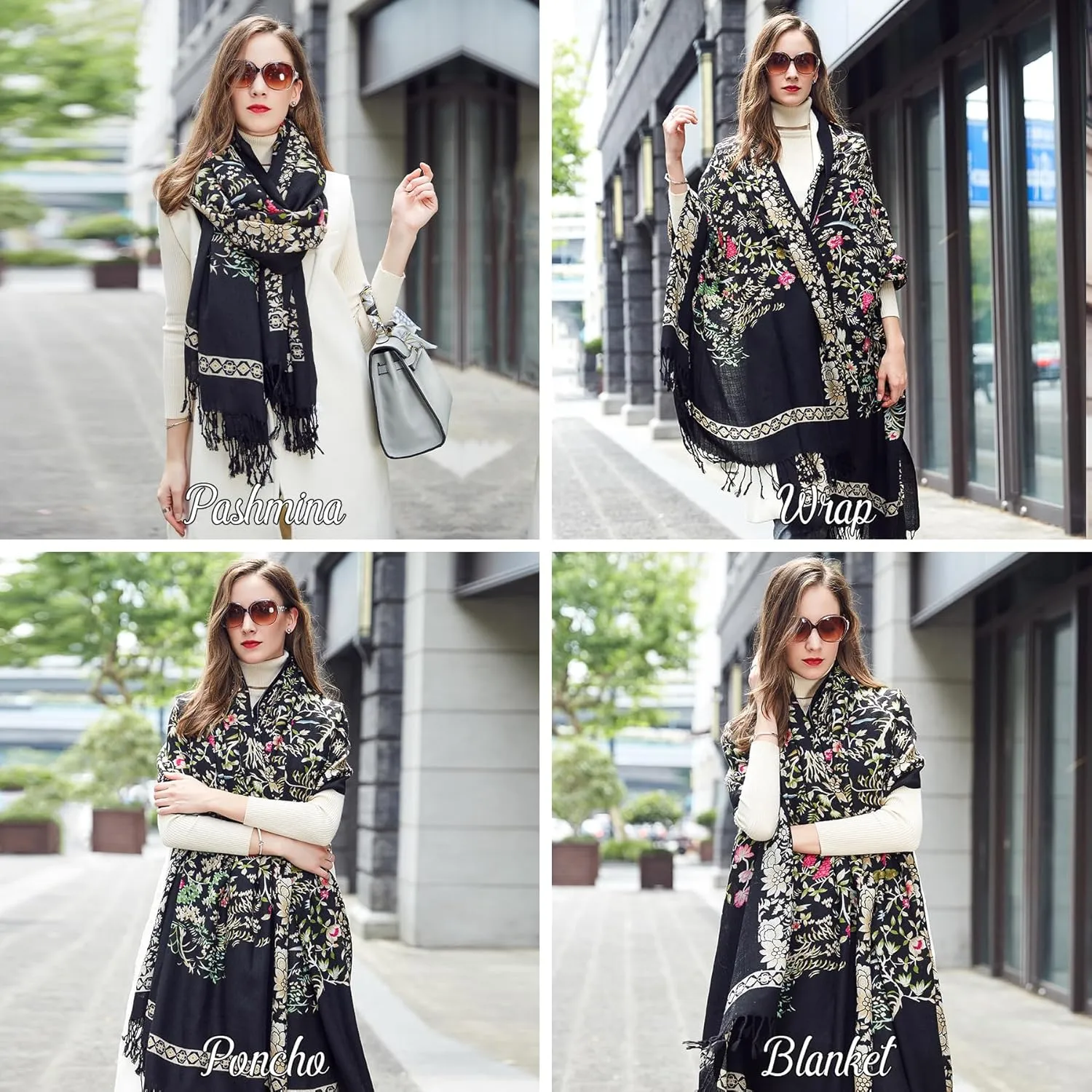 DANA XU 100% Merino Wool Extra Large Pashmina Blanket Travel Scarf Cashmere Wrap for Women Fall Winter Oversize Shawl Floral