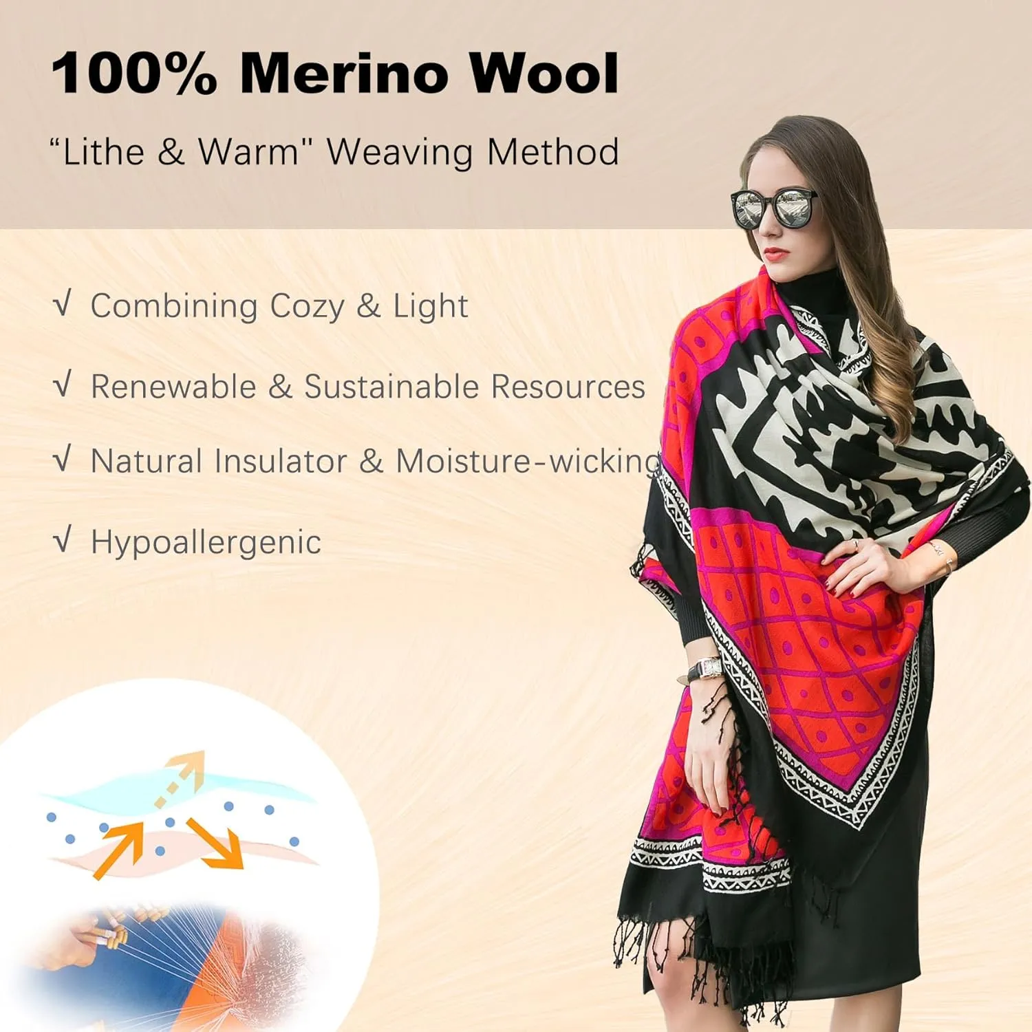 DANA XU 100% Merino Wool Extra Large Pashmina Blanket Travel Scarf Cashmere Wrap for Women Fall Winter Oversize Shawl Floral