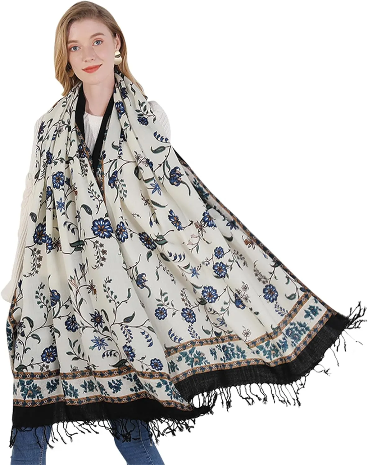 DANA XU 100% Merino Wool Extra Large Pashmina Blanket Travel Scarf Cashmere Wrap for Women Fall Winter Oversize Shawl Floral