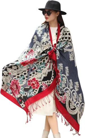 DANA XU 100% Merino Wool Extra Large Pashmina Blanket Travel Scarf Cashmere Wrap for Women Fall Winter Oversize Shawl Floral