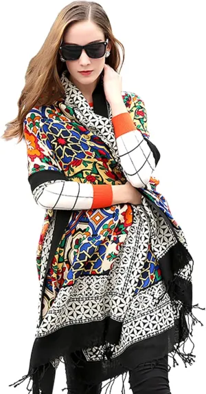 DANA XU 100% Merino Wool Extra Large Pashmina Blanket Travel Scarf Cashmere Wrap for Women Fall Winter Oversize Shawl Floral