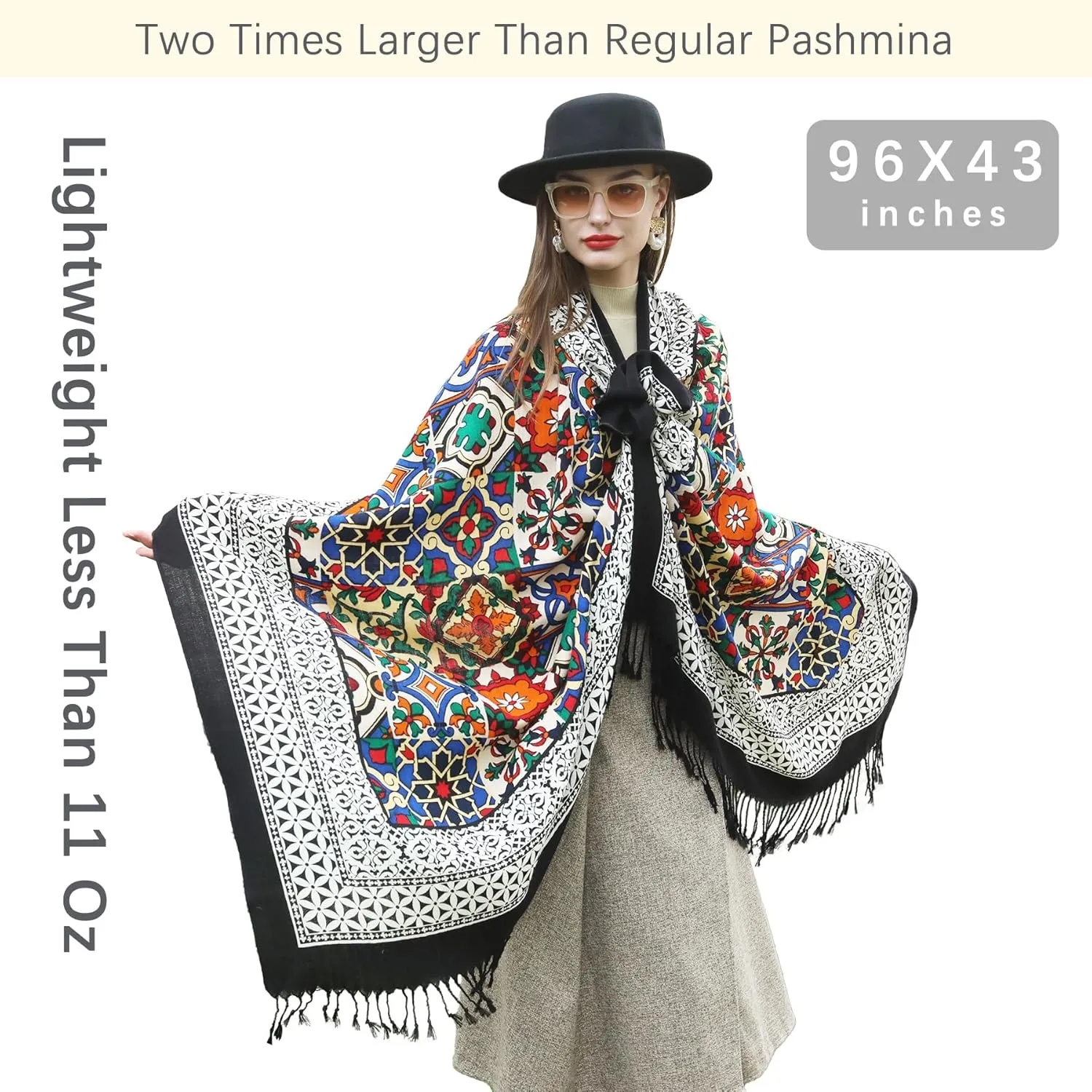 DANA XU 100% Merino Wool Extra Large Pashmina Blanket Travel Scarf Cashmere Wrap for Women Fall Winter Oversize Shawl Floral