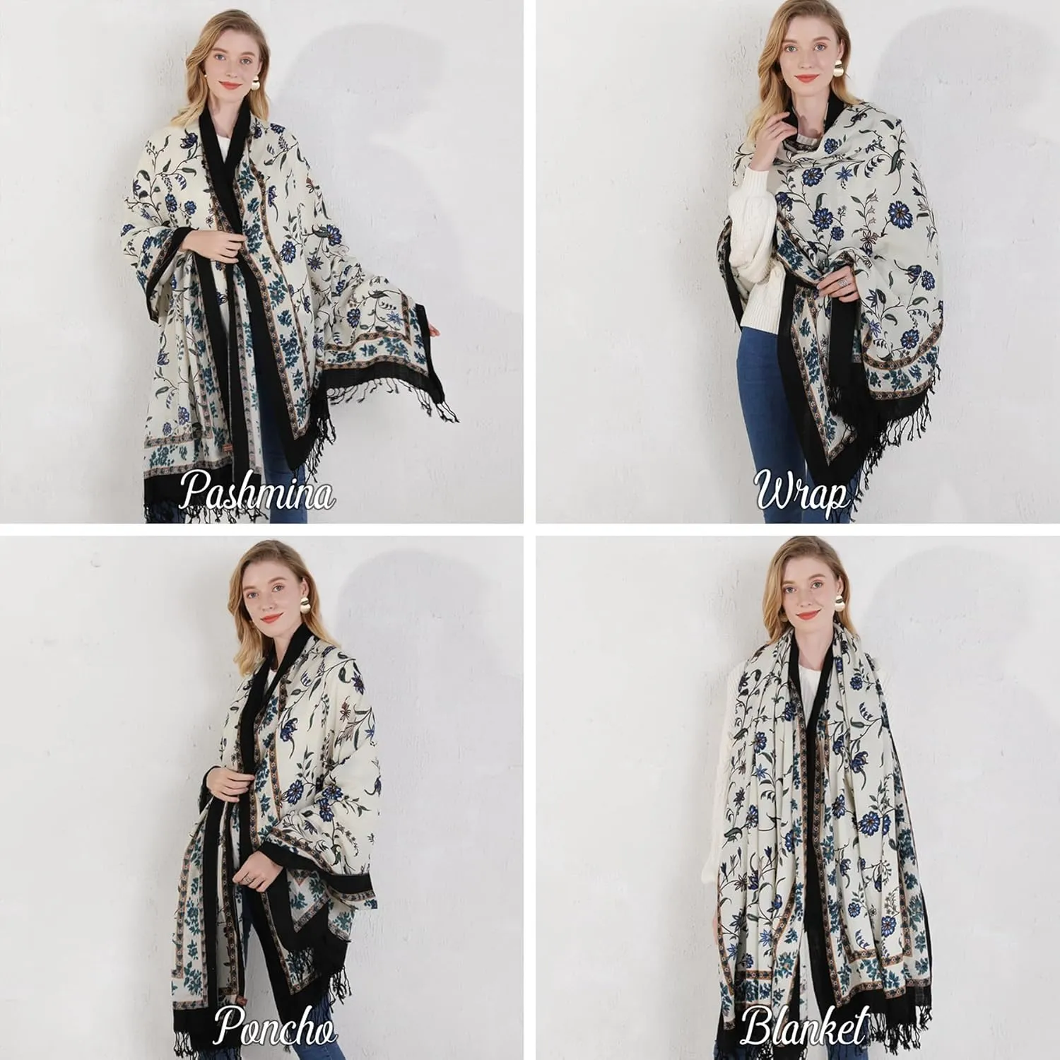 DANA XU 100% Merino Wool Extra Large Pashmina Blanket Travel Scarf Cashmere Wrap for Women Fall Winter Oversize Shawl Floral