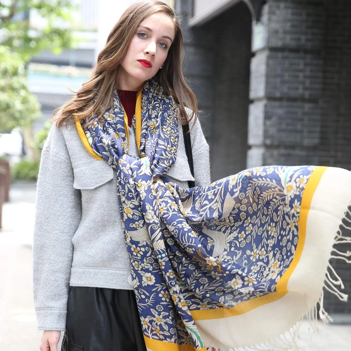 DANA XU 100% Merino Wool Extra Large Pashmina Blanket Travel Scarf Cashmere Wrap for Women Fall Winter Oversize Shawl Floral