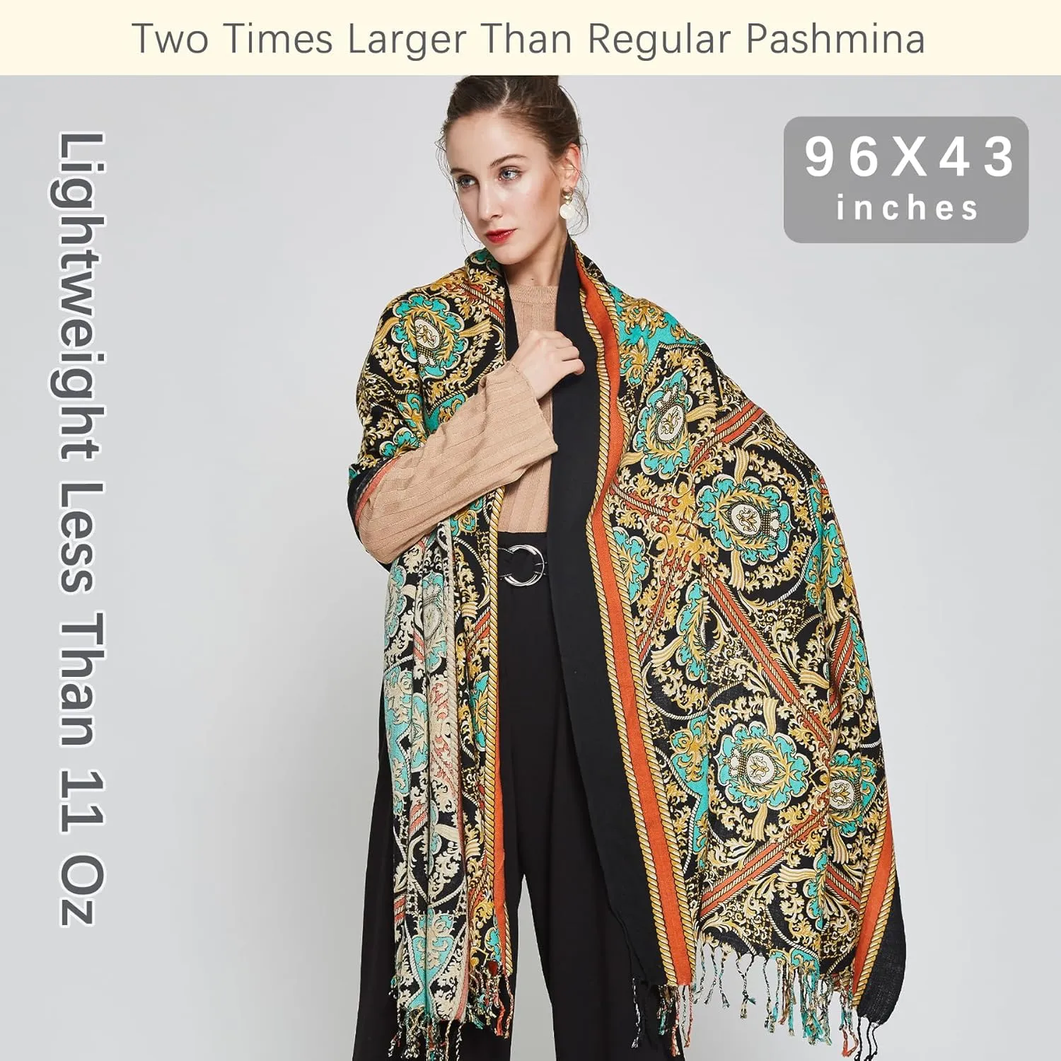 DANA XU 100% Merino Wool Extra Large Pashmina Blanket Travel Scarf Cashmere Wrap for Women Fall Winter Oversize Shawl Floral