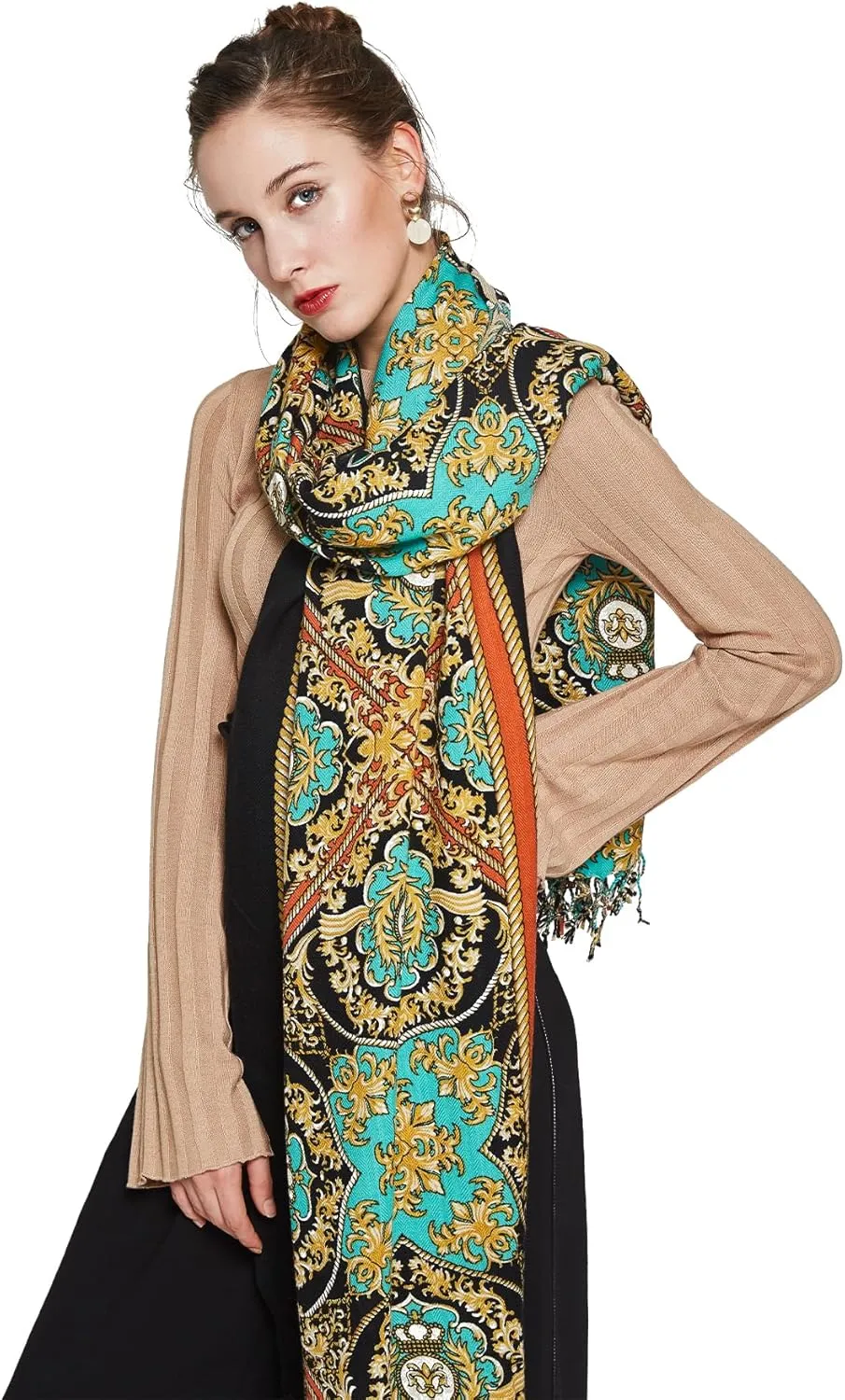 DANA XU 100% Merino Wool Extra Large Pashmina Blanket Travel Scarf Cashmere Wrap for Women Fall Winter Oversize Shawl Floral