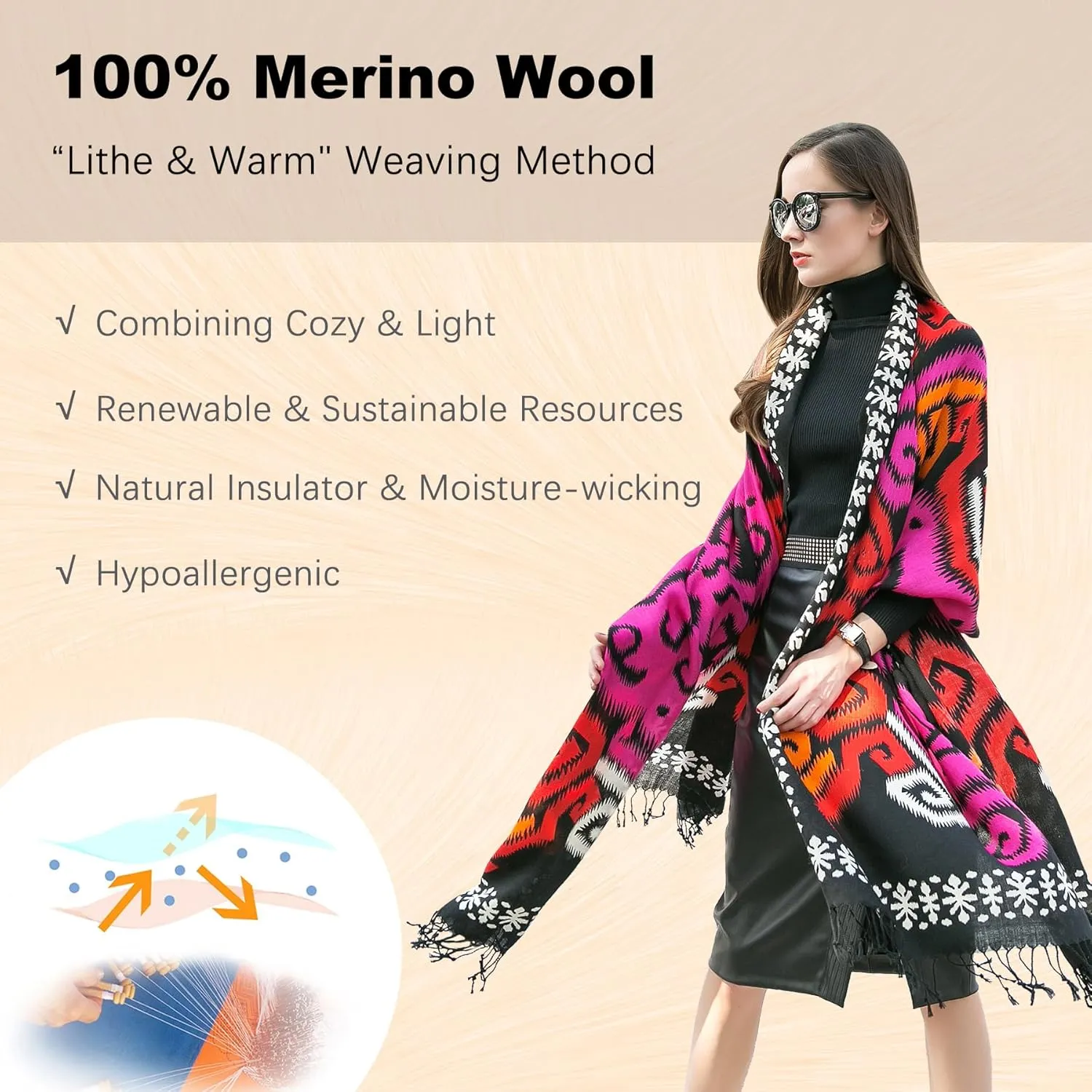 DANA XU 100% Merino Wool Extra Large Pashmina Blanket Travel Scarf Cashmere Wrap for Women Fall Winter Oversize Shawl Floral