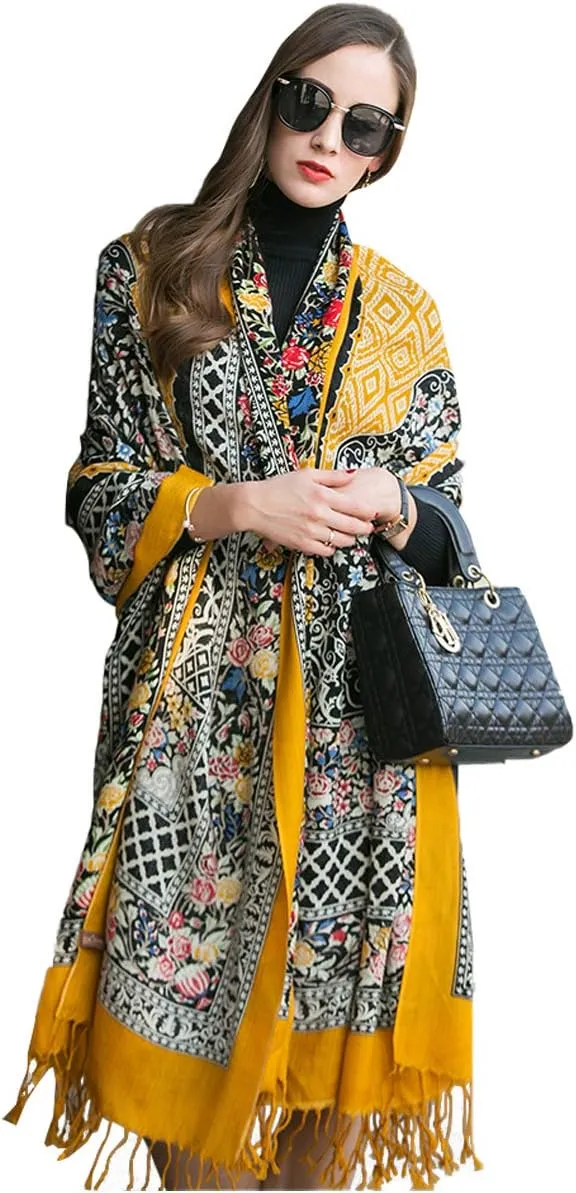 DANA XU 100% Merino Wool Extra Large Pashmina Blanket Travel Scarf Cashmere Wrap for Women Fall Winter Oversize Shawl Floral