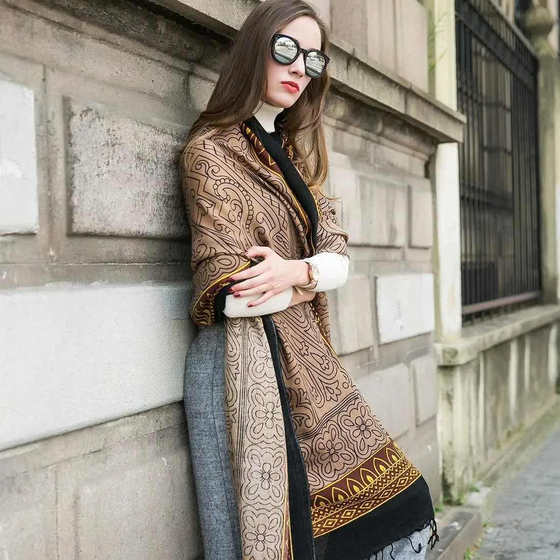 DANA XU 100% Merino Wool Extra Large Pashmina Blanket Travel Scarf Cashmere Wrap for Women Fall Winter Oversize Shawl Floral