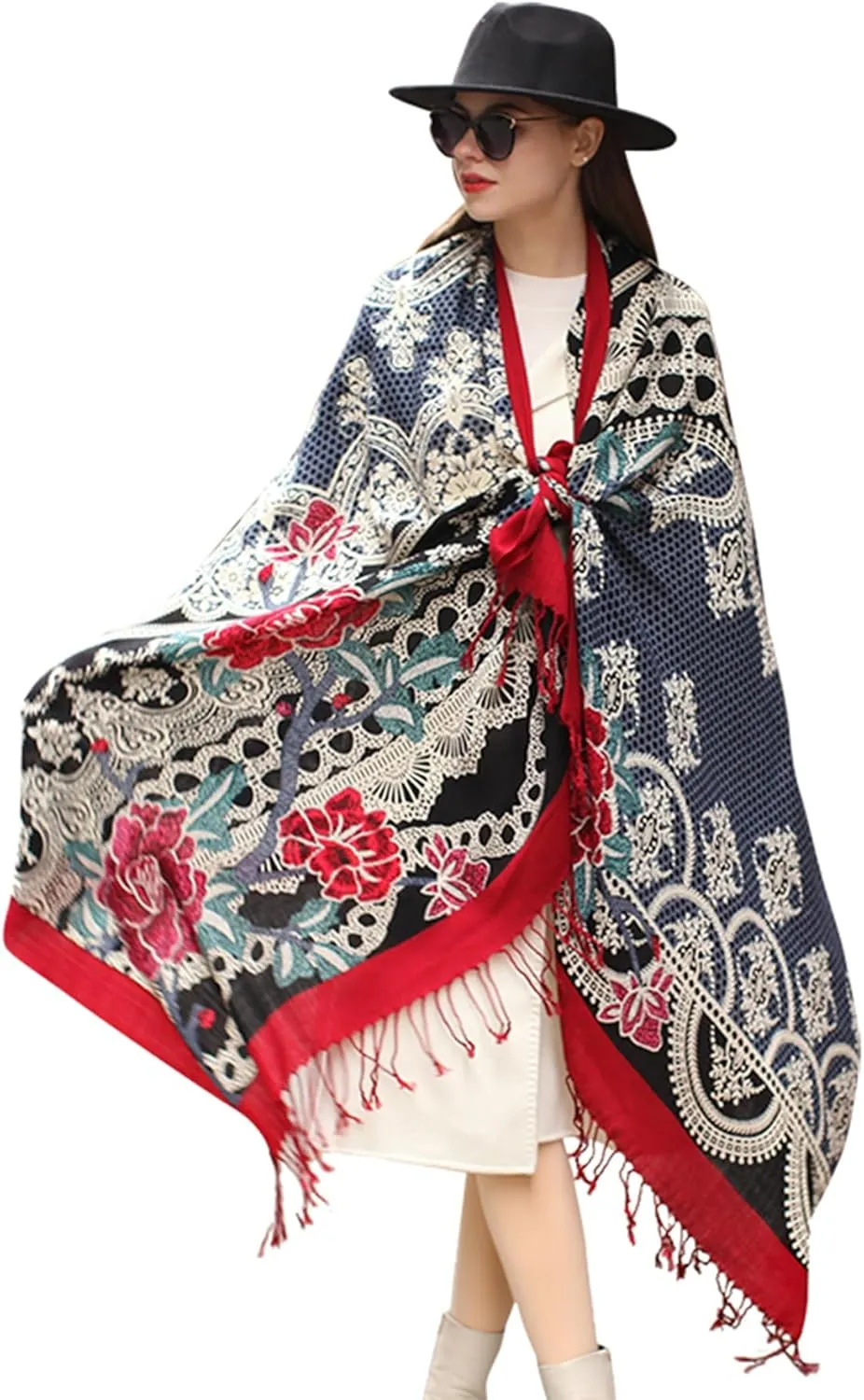 DANA XU 100% Merino Wool Extra Large Pashmina Blanket Travel Scarf Cashmere Wrap for Women Fall Winter Oversize Shawl Floral