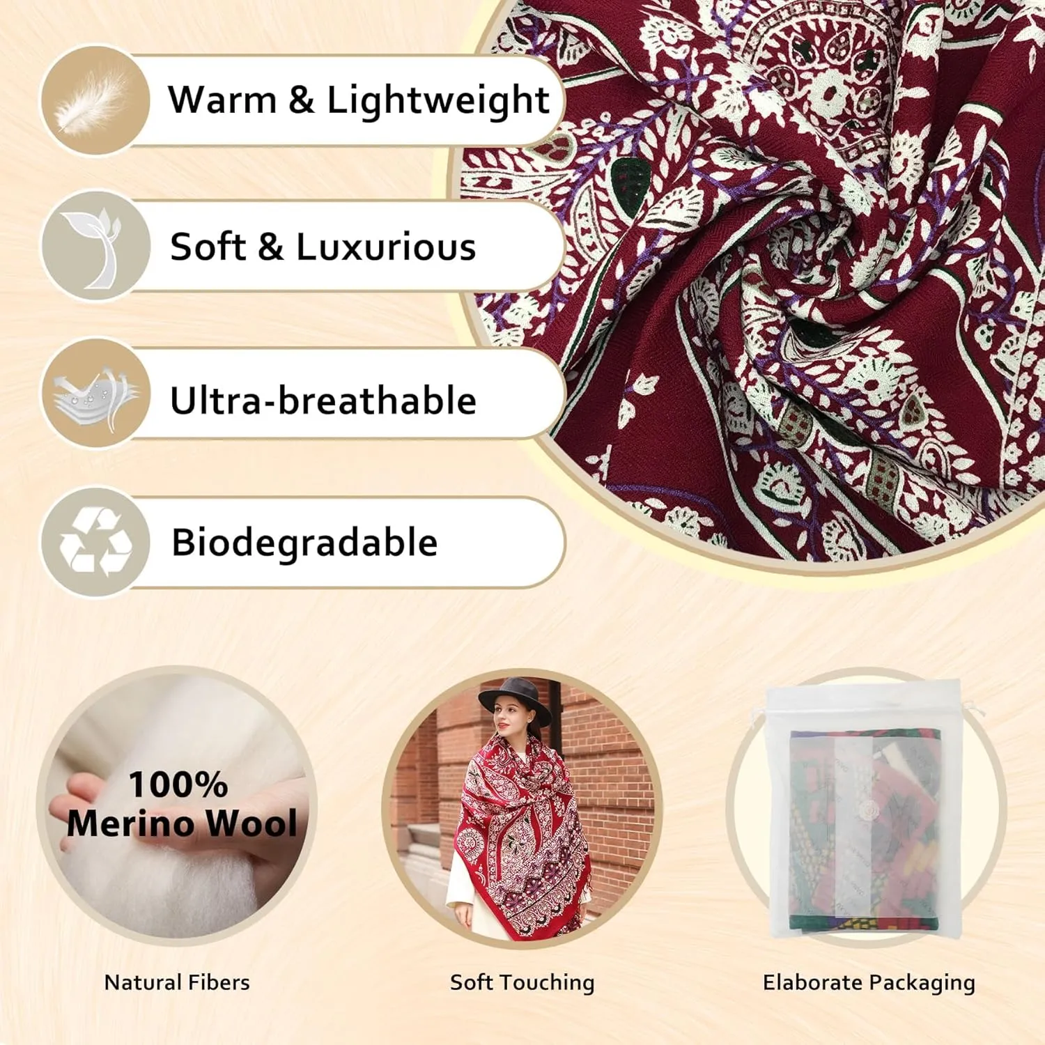 DANA XU 100% Merino Wool Extra Large Pashmina Blanket Travel Scarf Cashmere Wrap for Women Fall Winter Oversize Shawl Floral