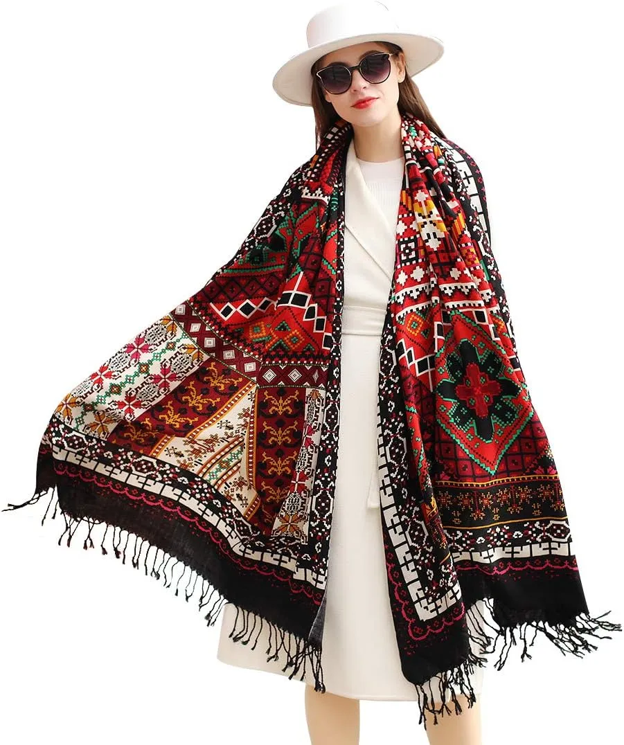 DANA XU 100% Merino Wool Extra Large Pashmina Blanket Travel Scarf Cashmere Wrap for Women Fall Winter Oversize Shawl Floral