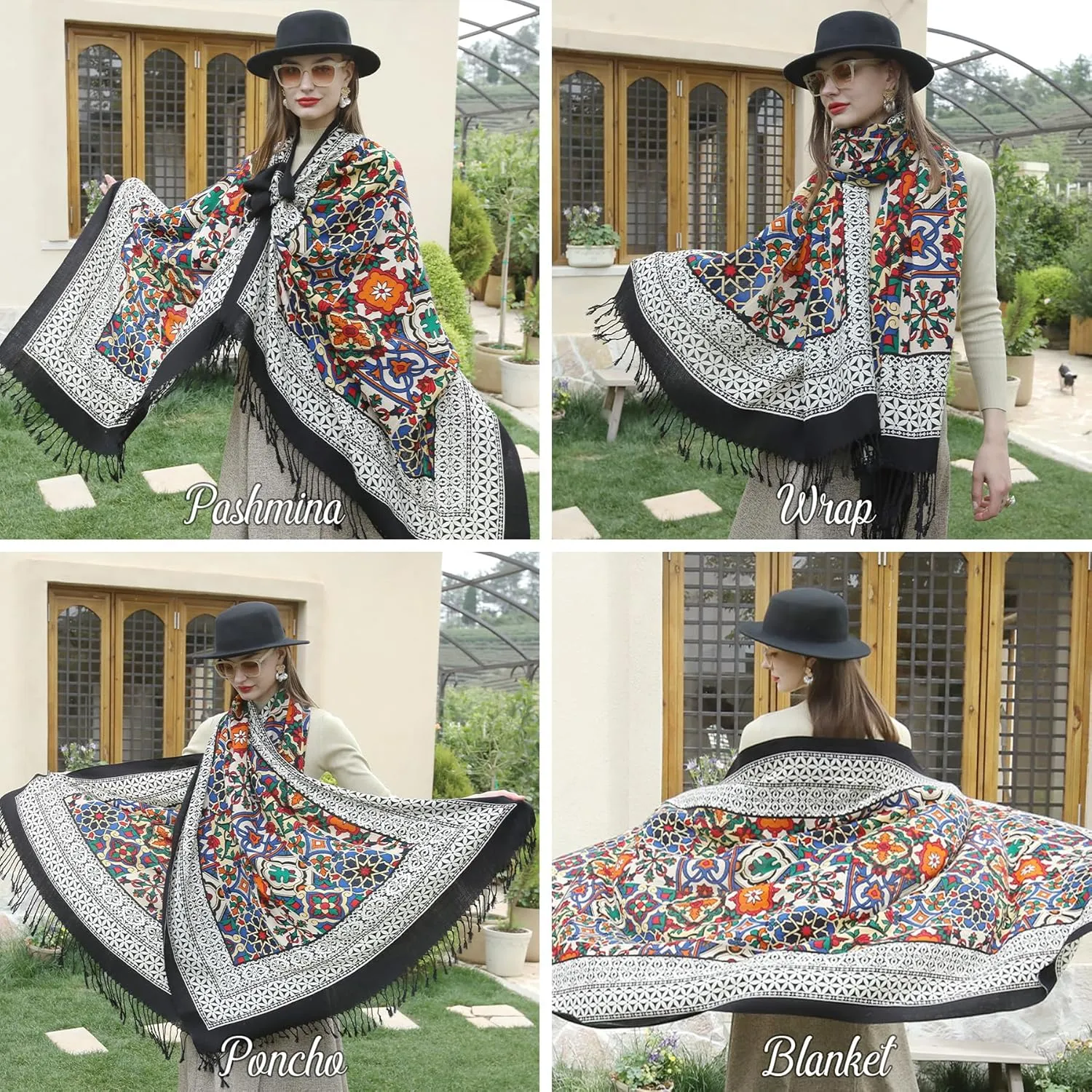 DANA XU 100% Merino Wool Extra Large Pashmina Blanket Travel Scarf Cashmere Wrap for Women Fall Winter Oversize Shawl Floral