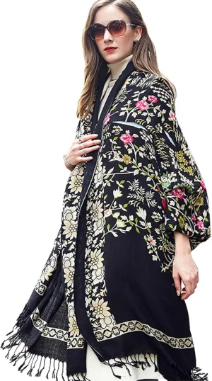 DANA XU 100% Merino Wool Extra Large Pashmina Blanket Travel Scarf Cashmere Wrap for Women Fall Winter Oversize Shawl Floral