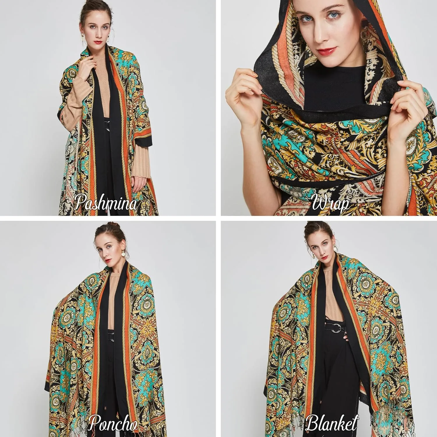 DANA XU 100% Merino Wool Extra Large Pashmina Blanket Travel Scarf Cashmere Wrap for Women Fall Winter Oversize Shawl Floral