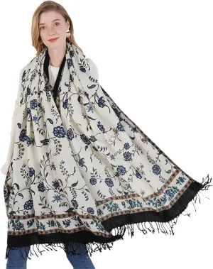 DANA XU 100% Merino Wool Extra Large Pashmina Blanket Travel Scarf Cashmere Wrap for Women Fall Winter Oversize Shawl Floral