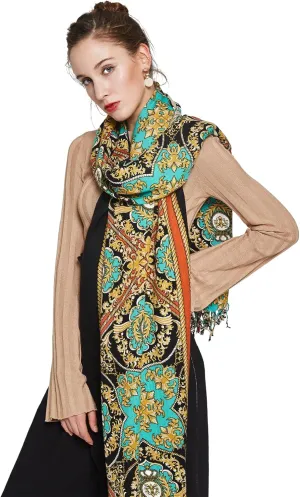 DANA XU 100% Merino Wool Extra Large Pashmina Blanket Travel Scarf Cashmere Wrap for Women Fall Winter Oversize Shawl Floral
