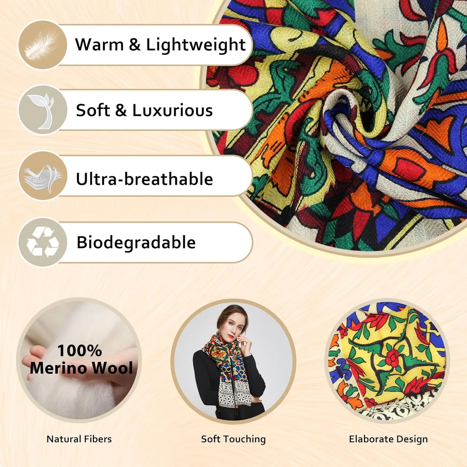 DANA XU 100% Merino Wool Extra Large Pashmina Blanket Travel Scarf Cashmere Wrap for Women Fall Winter Oversize Shawl Floral