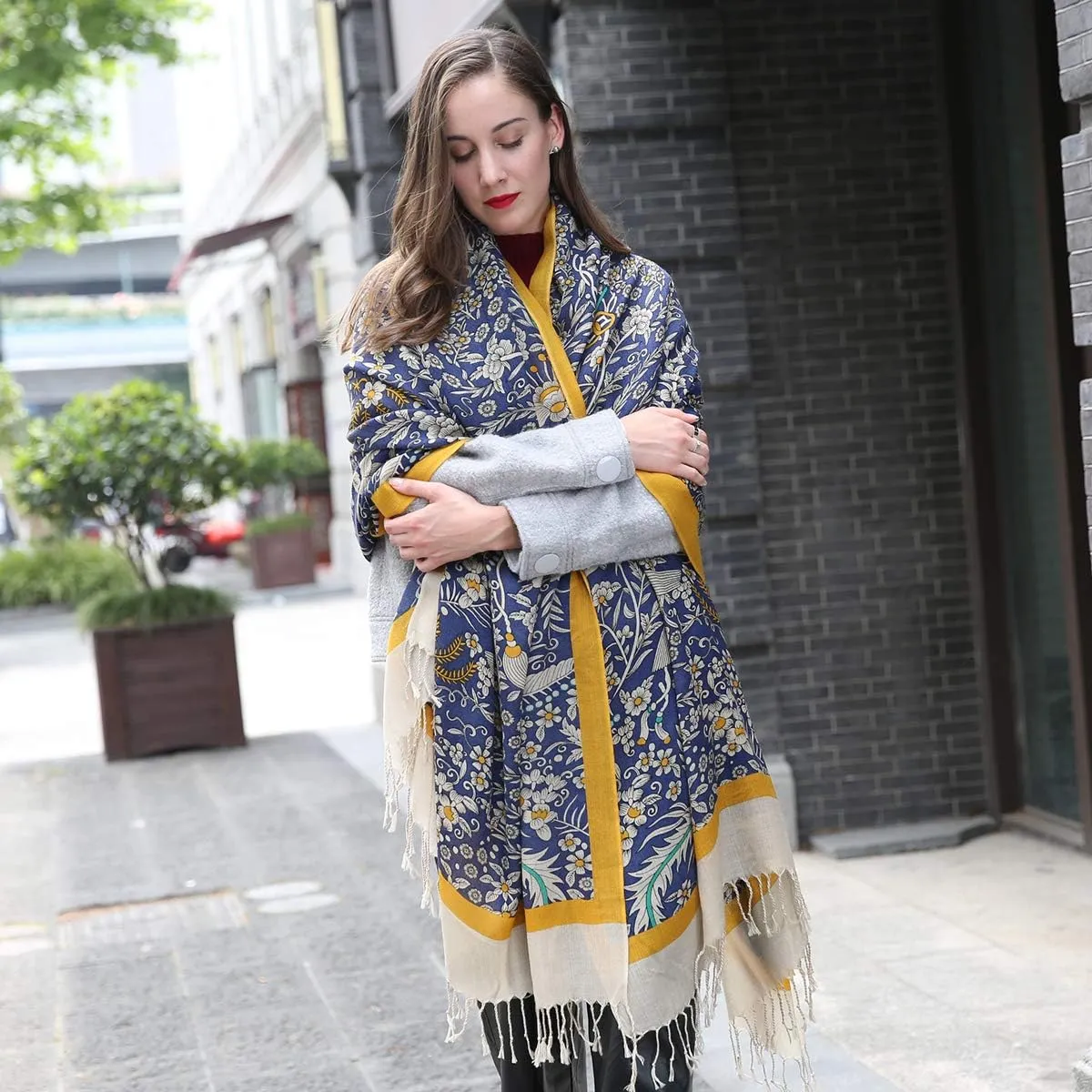 DANA XU 100% Merino Wool Extra Large Pashmina Blanket Travel Scarf Cashmere Wrap for Women Fall Winter Oversize Shawl Floral