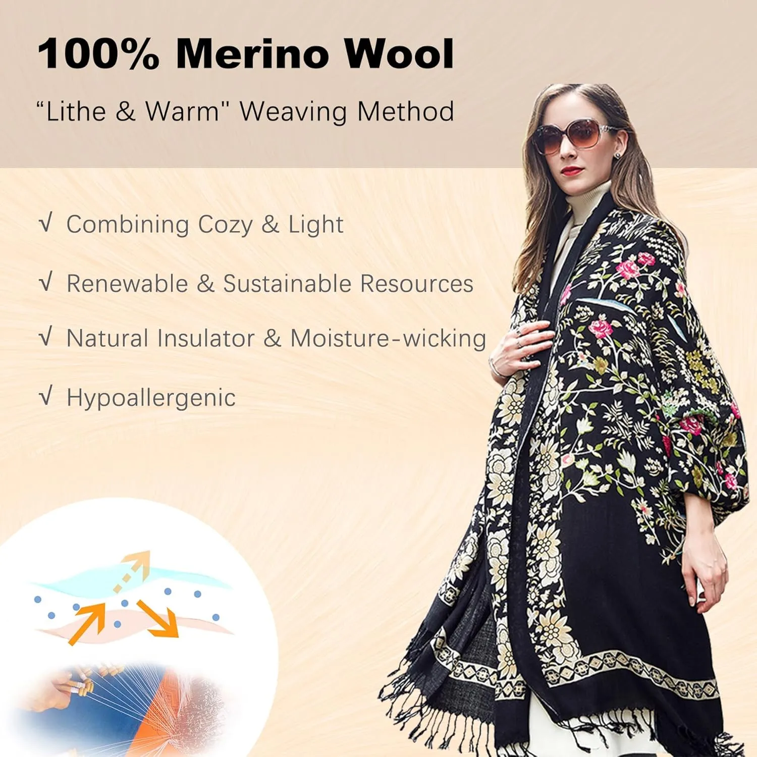 DANA XU 100% Merino Wool Extra Large Pashmina Blanket Travel Scarf Cashmere Wrap for Women Fall Winter Oversize Shawl Floral
