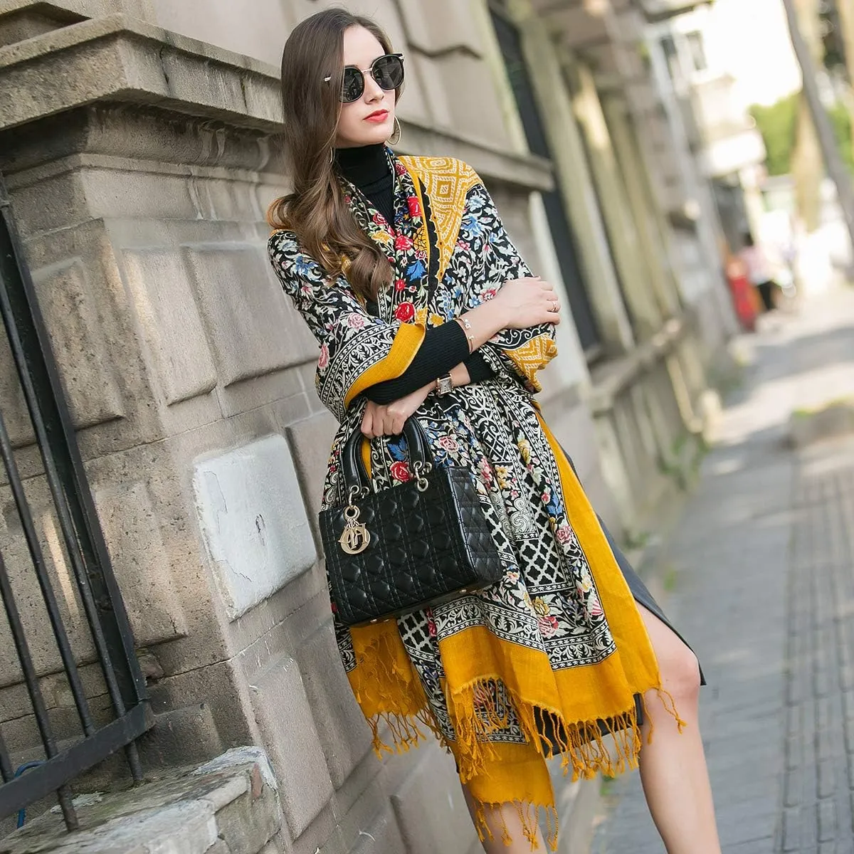 DANA XU 100% Merino Wool Extra Large Pashmina Blanket Travel Scarf Cashmere Wrap for Women Fall Winter Oversize Shawl Floral