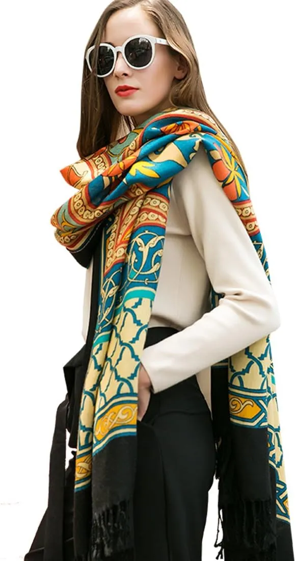 DANA XU 100% Merino Wool Extra Large Pashmina Blanket Travel Scarf Cashmere Wrap for Women Fall Winter Oversize Shawl Floral