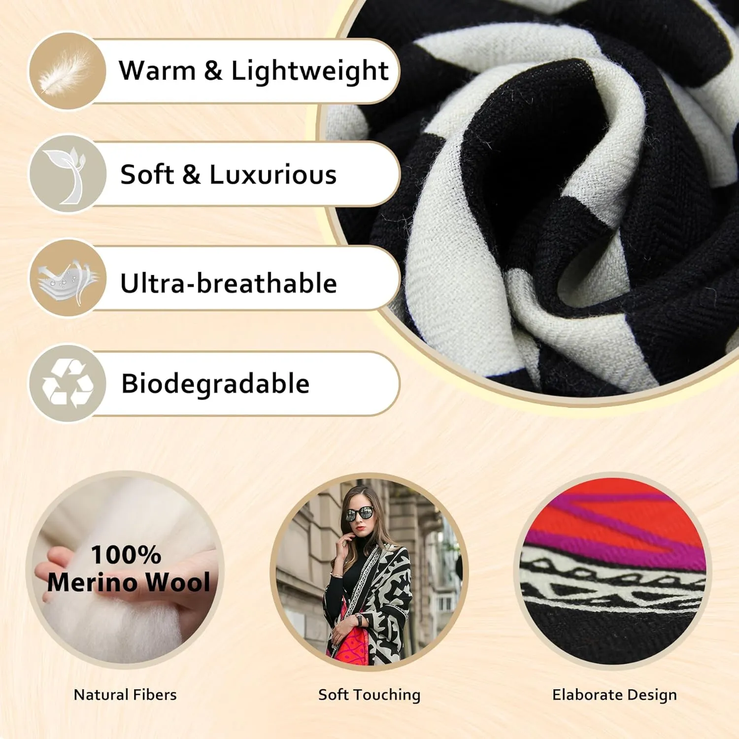 DANA XU 100% Merino Wool Extra Large Pashmina Blanket Travel Scarf Cashmere Wrap for Women Fall Winter Oversize Shawl Floral